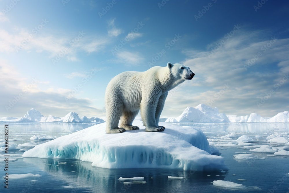 Polar bear standing on ice due to melting iceberg. Symbolic of global warming. Generative AI