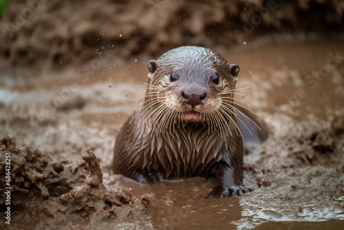A joyful otter slides down a muddy slope, radiating carefree delight. Generative AI © Eira