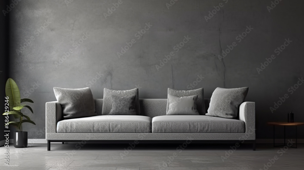 Grey modern sofa in empty room with grey walls and concrete floor. 3d render. Decor concept. Real estate concept. Art concept. Design concept. Interior concept. Plant concept Grey modern sofa in empty room with grey walls and concrete floor. 3d render. Decor concept. Real estate concept. Art concept. Design concept. Interior concept. Plant concept
