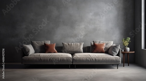 Grey modern sofa in empty room with grey walls and concrete floor. 3d render. Decor concept. Real estate concept. Art concept. Design concept. Interior concept. Plant concept © IC Production