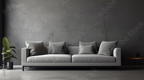 Grey modern sofa in empty room with grey walls and concrete floor. 3d render. Decor concept. Real estate concept. Art concept. Design concept. Interior concept. Plant concept