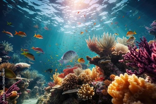 Tropical sea underwater fishes on coral reef. Aquarium oceanarium wildlife colorful marine panorama landscape nature snorkel diving. AI Generative. © Mix and Match Studio