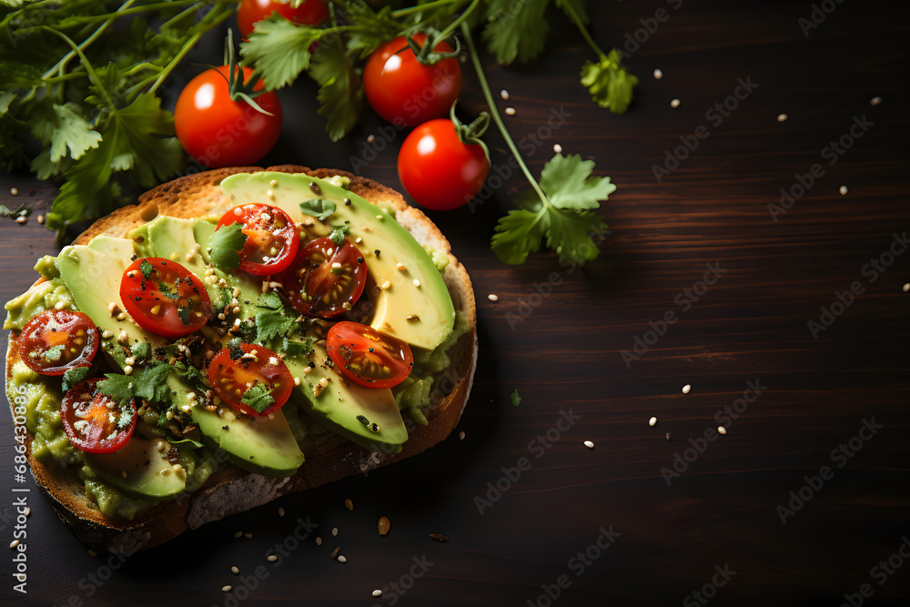 Avocado toast on a wood table, with copy space