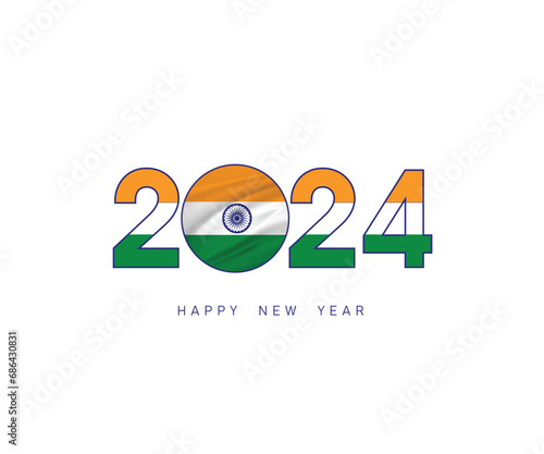 The new year 2024 with the Indian flag and symbol, 2024 Happy New Year India logo text design, It can use the calendar, Wish card, Poster, Banner, Print and Digital media, etc. Vector illustration