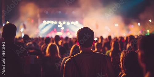 Back view of people on a music festival looking towards music scene in the evening out of focus bokeh blurred bright lights - Generative ai