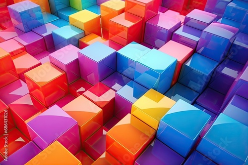 Intriguing and dynamic abstract composition featuring a vibrant array of colorful cubes or squares artfull