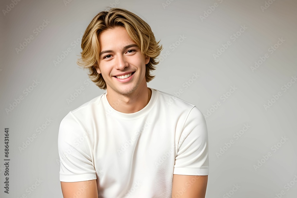 Obraz premium A young, smiling man wearing a white shirt, standing in front of a white background. Generative ai