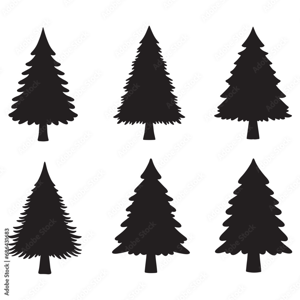Obraz premium Isolated Pine on the white background. Pine silhouettes. Tree hand drawn. Vector EPS 10. 