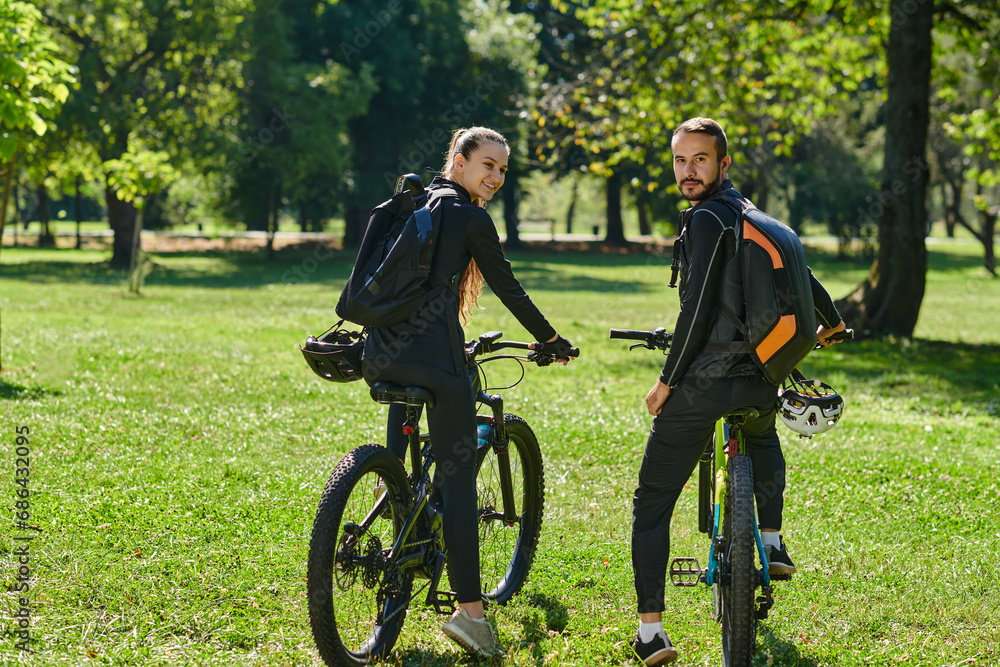 A blissful couple, adorned in professional cycling gear, enjoys a romantic bicycle ride through a park, surrounded by modern natural attractions, radiating love and happiness