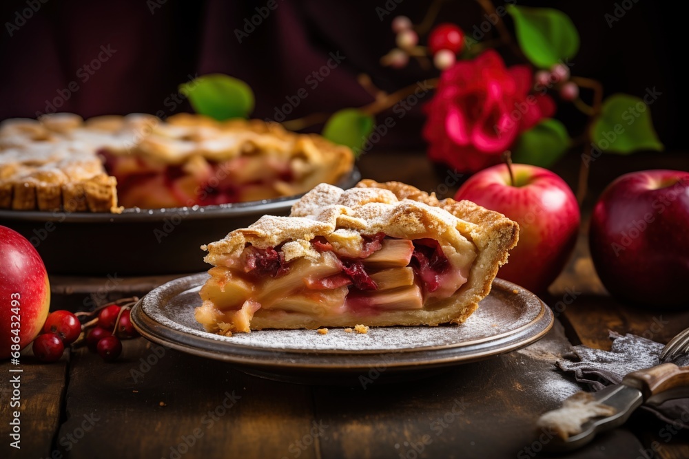 Delight in a slice of warm fruit pie on a rustic plate, capturing the flaky crust and fruity fillings amidst a charming baking scene with homemade allure Delight in a slice of warm fruit pie on a rustic plate, capturing the flaky crust and fruity fillings amidst a charming baking scene with homemade allure