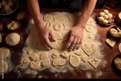 festive baking session with hands kneading dough or cookie cutters on a floured surface, promising warmth and culinary delight