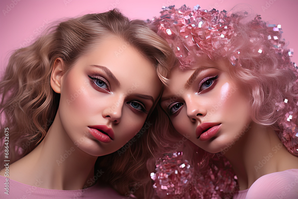 young women posing model in pink