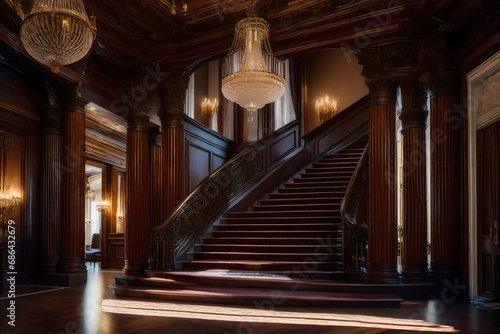 A grand foyer with a sweeping staircase, crystal chandelier, and intricate architectural details, creating an elegant entryway