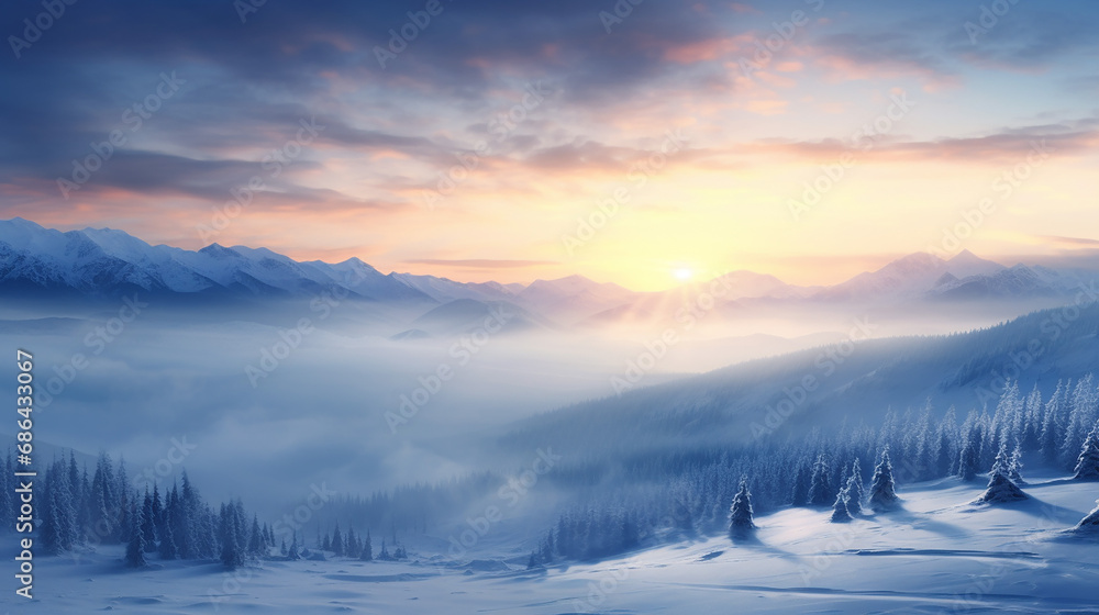 beautiful snowy mountain with sunset