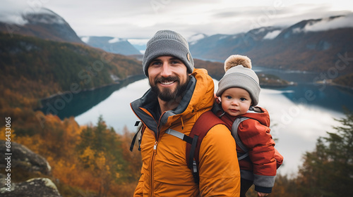 father and child traveling together outdoor on Norway family vacations in autumn season.