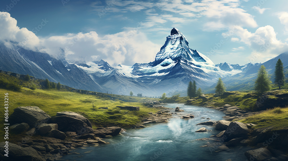 beautiful matterhorn swiss alps panorama - obrazy, fototapety, plakaty 