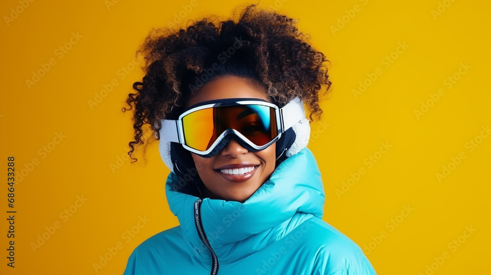 ski resort and snowboarding. glad smiling dark skinned woman wears white gloves ski resort and snowboarding. glad smiling dark skinned woman wears white gloves