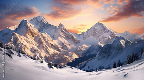 sunset in winter landscape in mountains Julian Alps