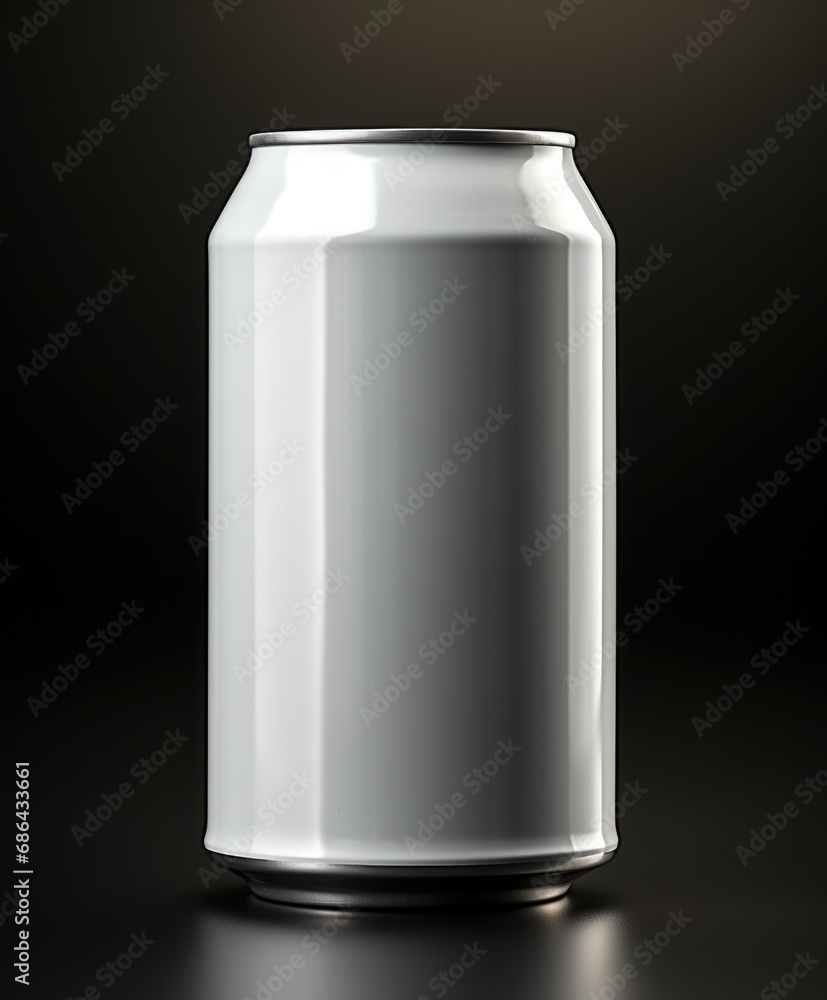 A refreshing white beer can on a sleek black background. Generative AI. A refreshing white beer can on a sleek black background. Generative AI.