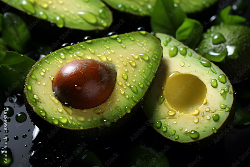 Fresh and delicious avocado with drops of water