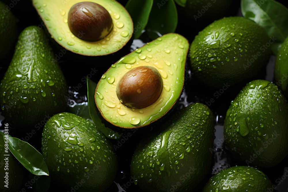 Fresh and delicious avocado with drops of water