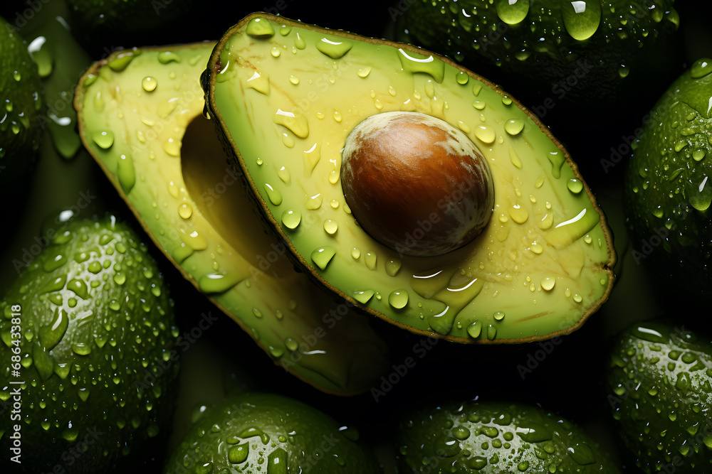 Fresh and delicious avocado with drops of water