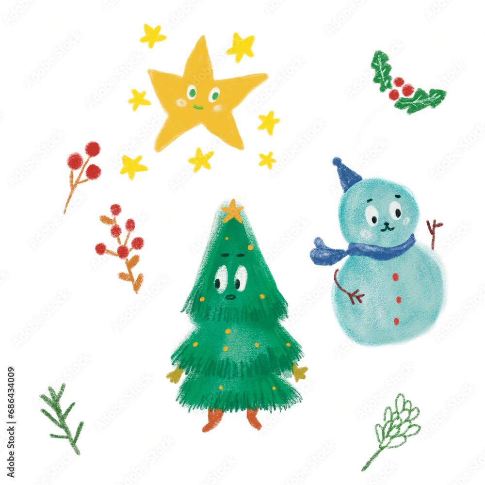 A collection of cute Christmas designs drawn with colored pencils A collection of cute Christmas designs drawn with colored pencils