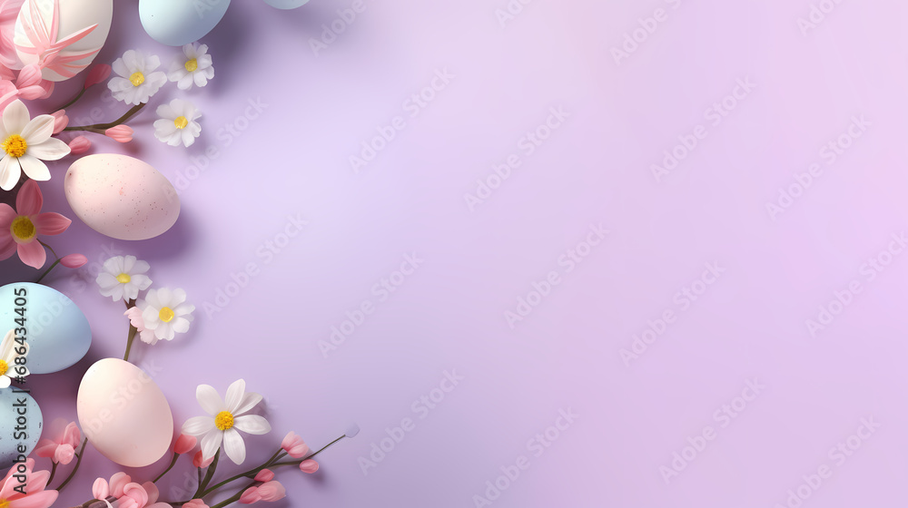 Easter eggs with spring flowers and leaves. Top flat view with pastel pink and white colors background. Banner of sweet dyed eggs for Passover with copy space Easter eggs with spring flowers and leaves. Top flat view with pastel pink and white colors background. Banner of sweet dyed eggs for Passover with copy space