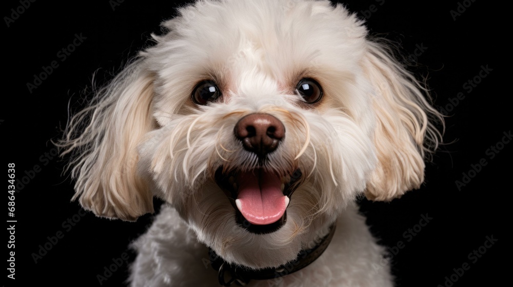 A white dog with its tongue out on a black background. Generative AI. A white dog with its tongue out on a black background. Generative AI.