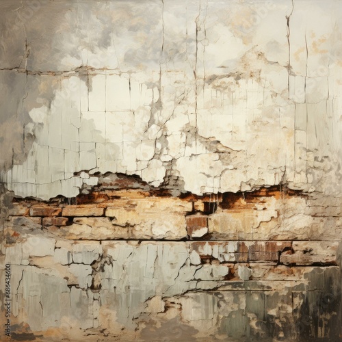 A weathered cement wall with peeling paint, revealing layers of history and wear. Generative AI.