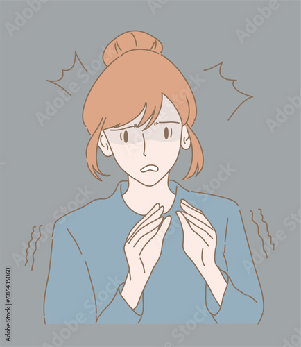 Frightened young woman afraid, scared and terrified with fear expression face. Anxious girl stressed, nervous with freezing hands. Hand drawn flat cartoon character vector illustration.