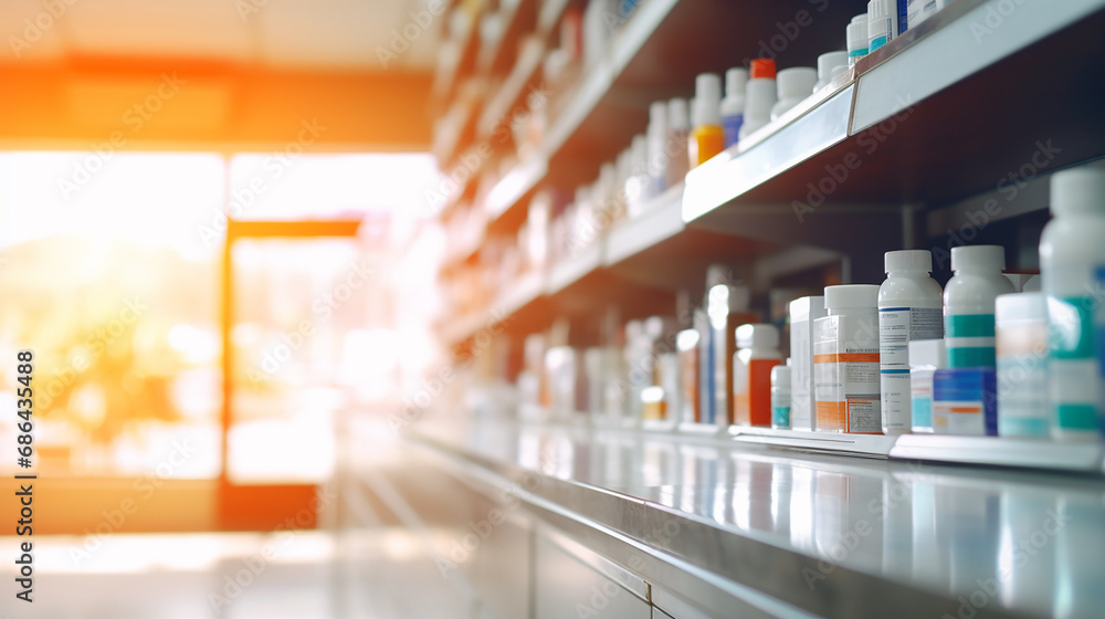 A drug store with medicine bottles lined up beautifully on the shelves. on a blurred background Concept of selling medicines, medical supplies, dietary supplements, medical equipment Close-up photo