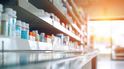 A drug store with medicine bottles lined up beautifully on the shelves. on a blurred background Concept of selling medicines, medical supplies, dietary supplements, medical equipment Close-up photo photo