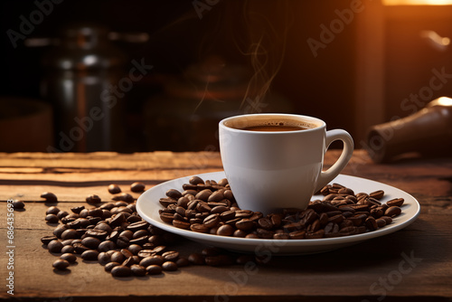 White cup of hot coffee on a saucer and accompanied by scattered whole coffee beans on rustic wooden table