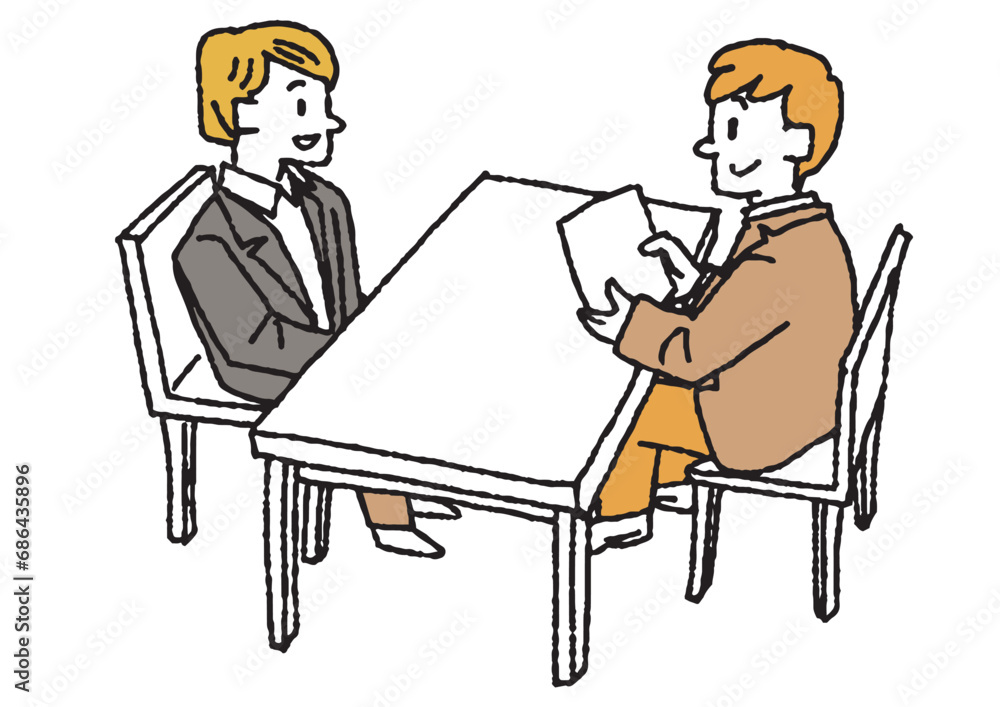 面接を受けている男性のイラスト コミカルな手書きの人物 ベクター、線画にカラー 面接を受けている男性のイラスト コミカルな手書きの人物 ベクター、線画にカラー