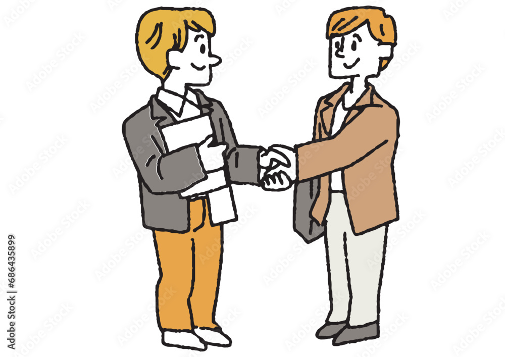 握手をしている二人のビジネスマンのイラスト　コミカルな手書きの人物　ベクター、線画にカラー
