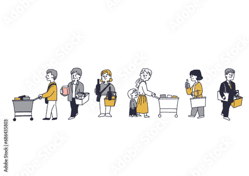 買い物をしている人々のイラストセット　コミカルな手書きの人物　ベクター、線画にカラー