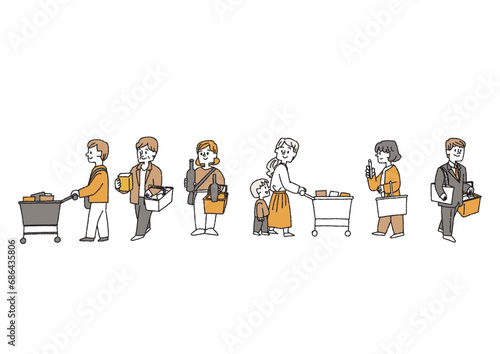 買い物をしている人々のイラストセット　コミカルな手書きの人物　ベクター、線画にカラー