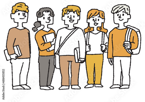 5人並んで立っている学生たちのイラスト　コミカルな手書きの人物　ベクター、線画にカラー