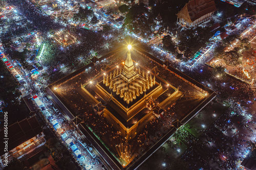 Phra That Luang Festival, Drone Shot Hight angle Vientiane at night candlelight, Lao PDR