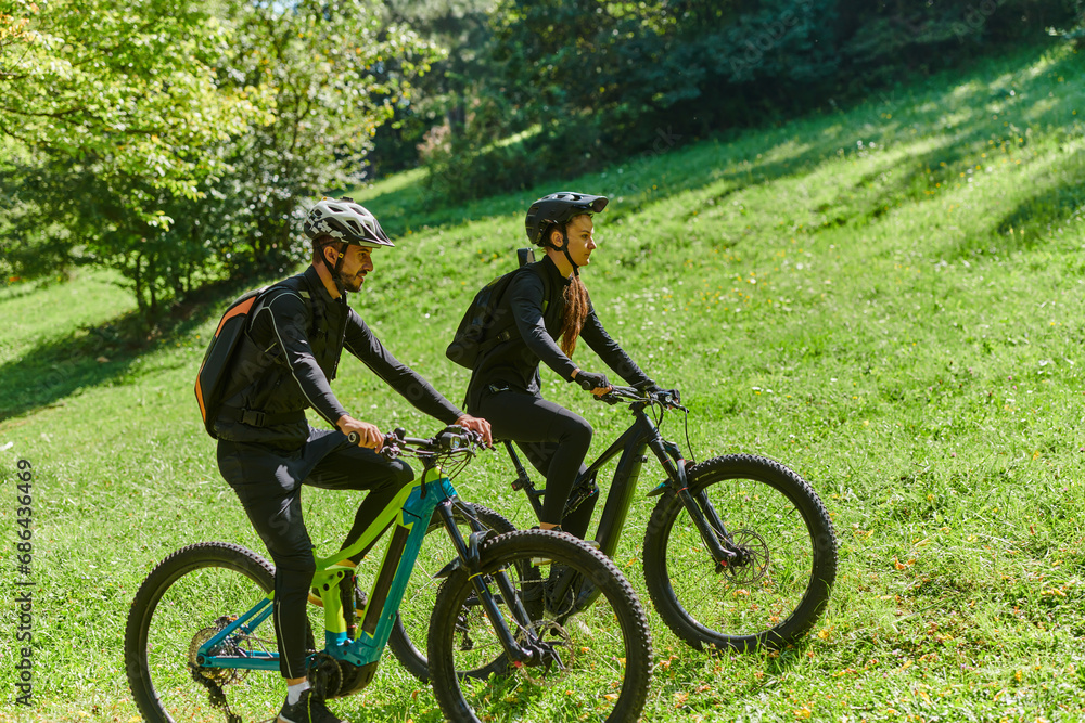 Fototapeta premium A blissful couple, adorned in professional cycling gear, enjoys a romantic bicycle ride through a park, surrounded by modern natural attractions, radiating love and happiness