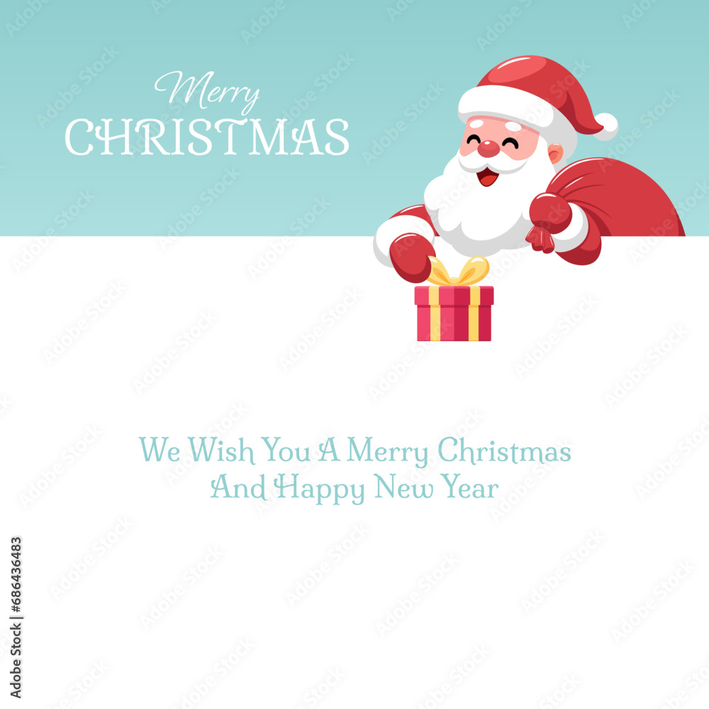 Christmas Santa Claus holding gift box and red sack on blue green background with white signboard. Holiday greeting card vector illustration. Christmas Santa Claus holding gift box and red sack on blue green background with white signboard. Holiday greeting card vector illustration.