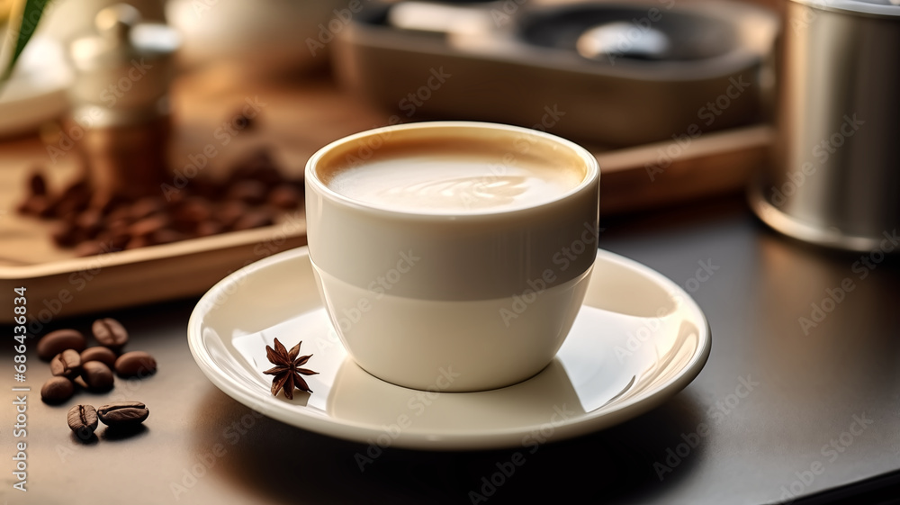 Fototapeta premium A realistic photograph of macro coffee in a cup from a coffee machine, fresh, aroma and relaxed, minimal concept.