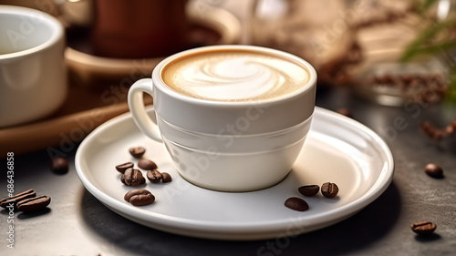 A realistic photograph of macro coffee in a cup from a coffee machine  fresh  aroma and relaxed  minimal concept.