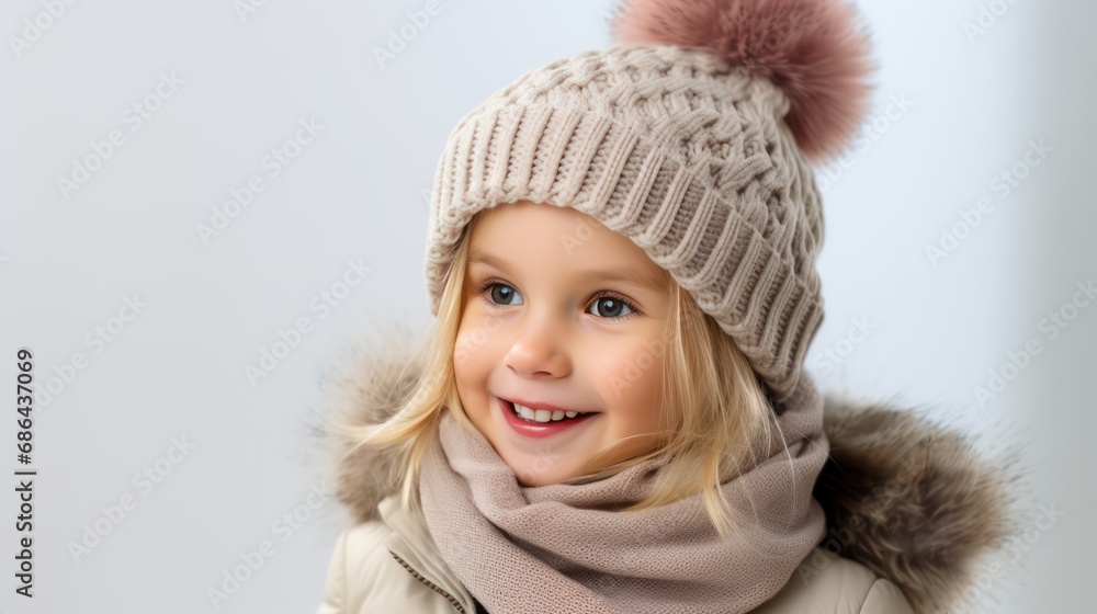 A Portrait, Little blonde girl playing in a warm hat In winter and wear a scarf on a white background. A Portrait, Little blonde girl playing in a warm hat In winter and wear a scarf on a white background.