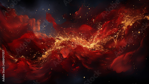 Red liquid with tints of golden glitters. Red background with a scattering of gold sparkles. Magic Galaxy of golden dust particles in red fluid with burgundy tints 