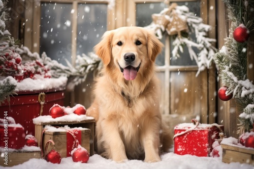 Christmas themed A friendly dog sitting next to a house. Generative AI.