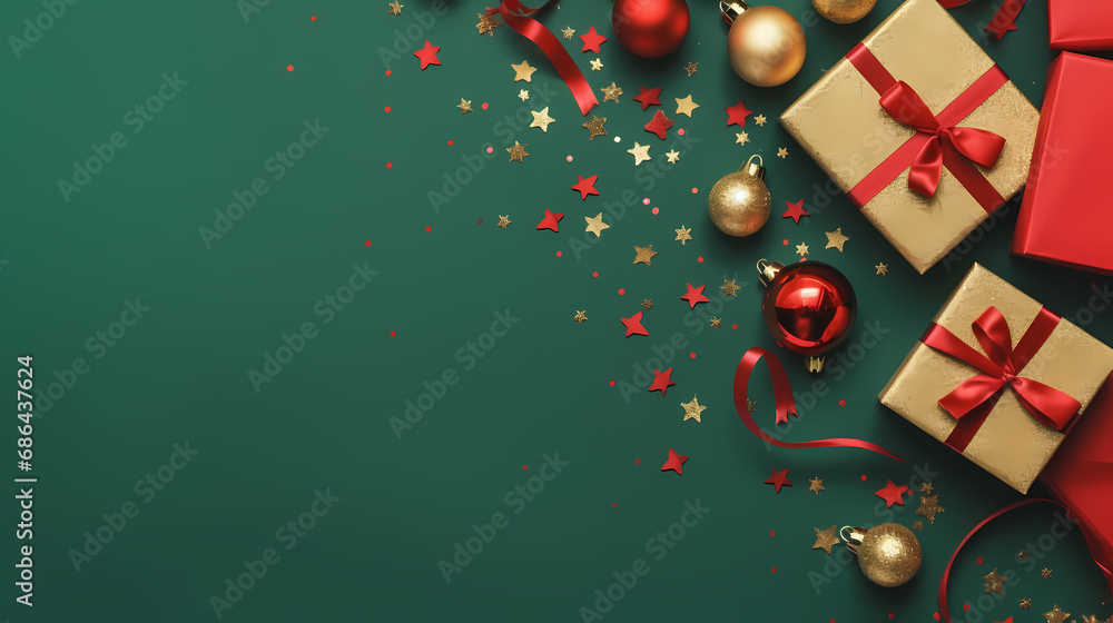 Fototapeta premium Festive anticipation captured! Top view craft paper gift boxes, red and gold baubles, Christmas tree shaped party glasses, confetti adorn a green backdrop, leaving space for your New Year's message