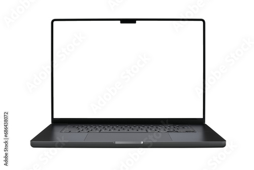 Laptop or notebook space black with blank screen isolated with clipping path on transparent background.