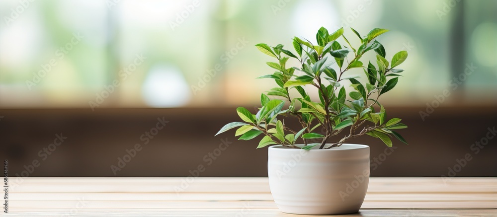 Selective focus of artificial plant on wooden table with copy space Selective focus of artificial plant on wooden table with copy space